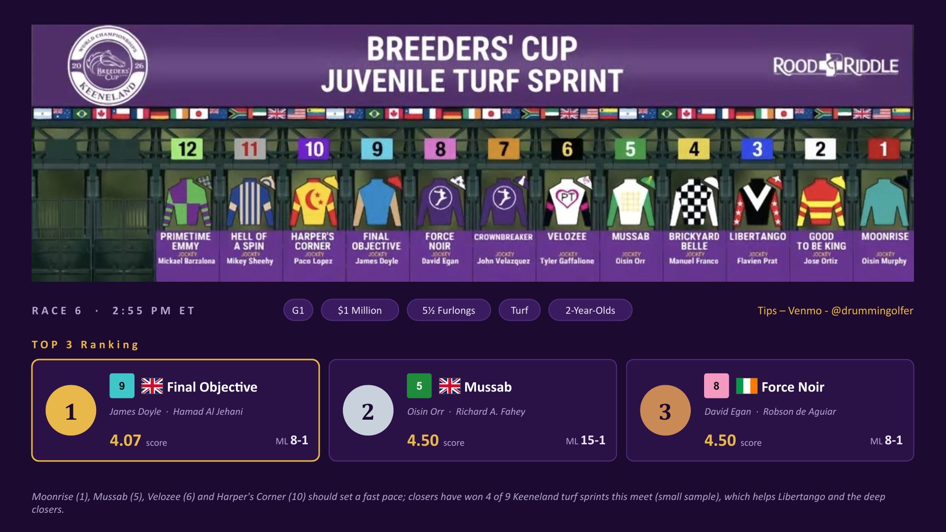 Race 6 Breeders&rsquo; Cup Juvenile Turf Sprint top three: Final Objective, Mussab, Force Noir