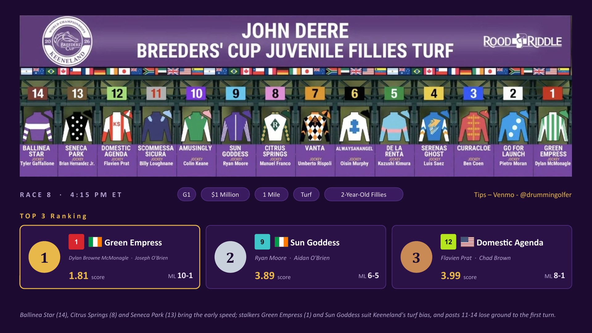 Race 8 Breeders&rsquo; Cup Juvenile Fillies Turf top three: Green Empress, Sun Goddess, Domestic Agenda