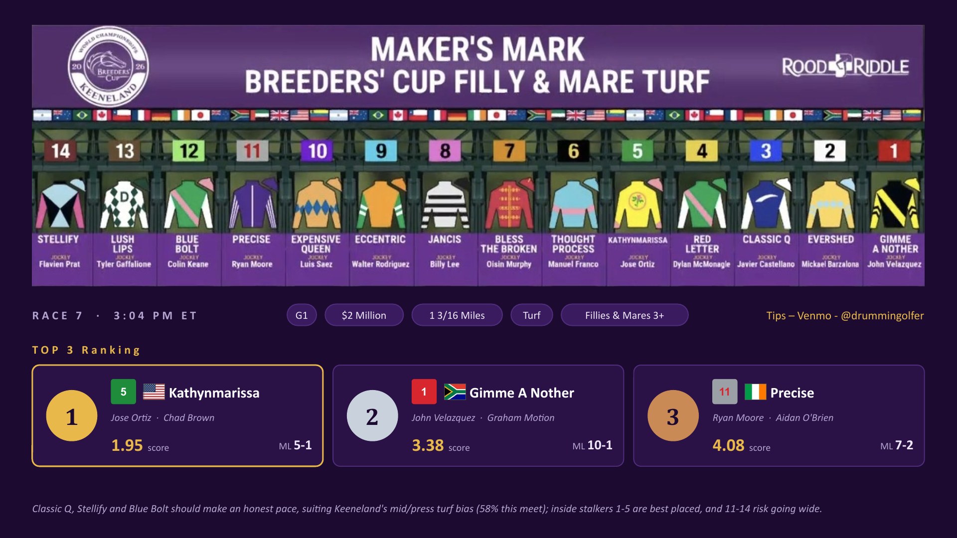 Race 7 Breeders&rsquo; Cup Filly & Mare Turf top three: Kathynmarissa, Gimme A Nother, Precise