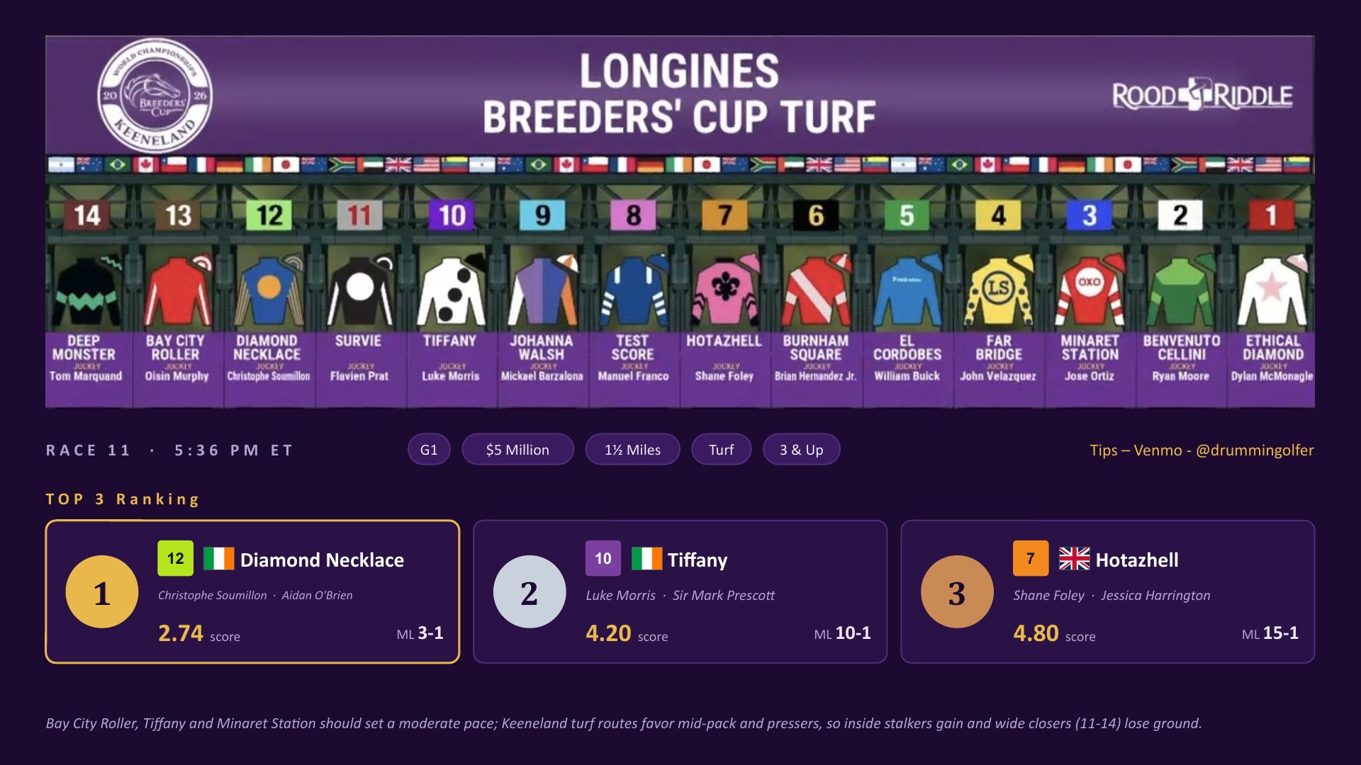 Race 11 Breeders&rsquo; Cup Turf top three: Diamond Necklace, Tiffany, Hotazhell