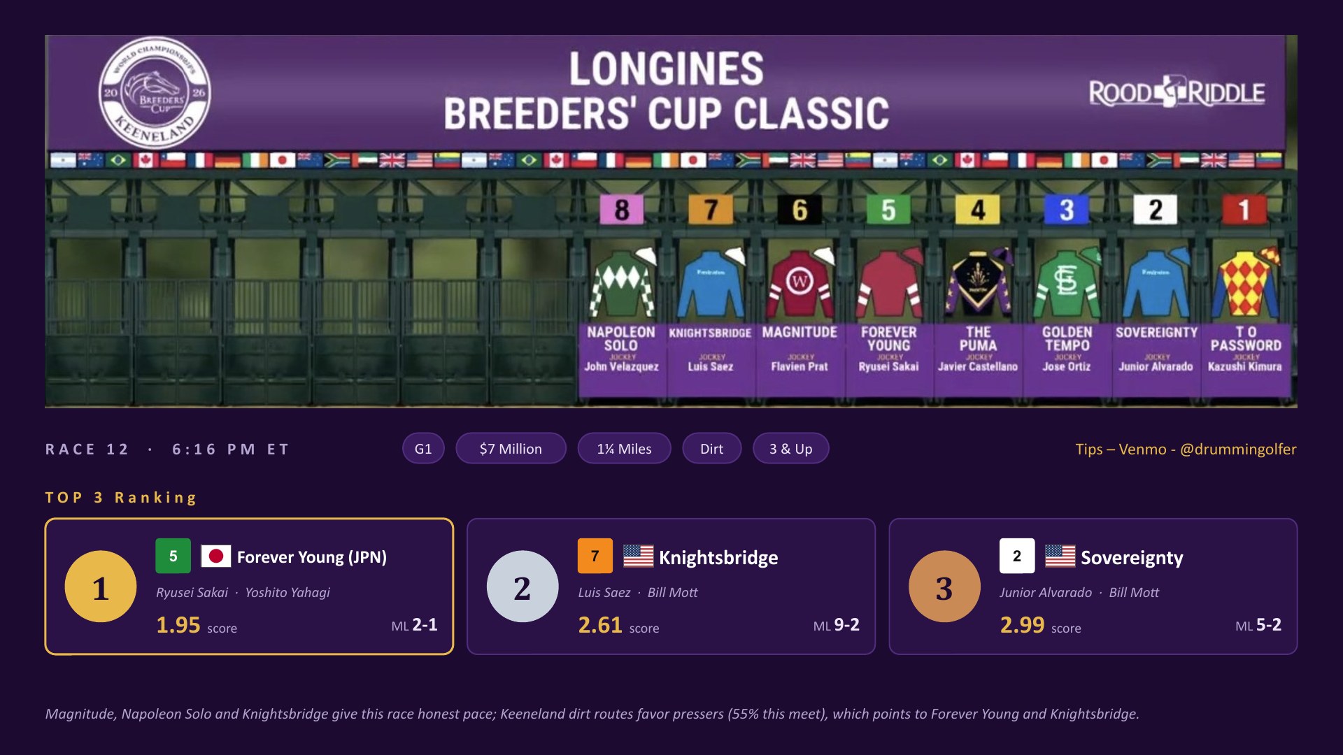 Race 12 Breeders&rsquo; Cup Classic top three: Forever Young (JPN), Knightsbridge, Sovereignty