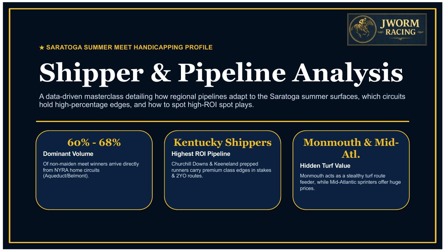 Saratoga Shipper and Pipeline Analysis: 60 to 68 percent of non-maiden meet winners arrive from NYRA home circuits; Kentucky shippers are the highest-ROI pipeline; Monmouth and Mid-Atlantic offer hidden turf value.