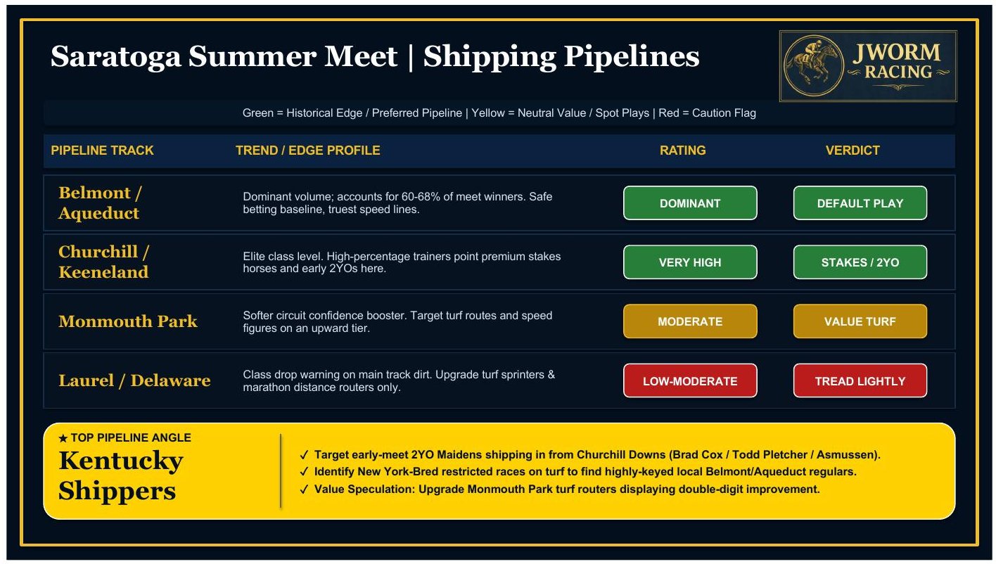 Saratoga shipping pipelines rated: Belmont/Aqueduct dominant, Churchill/Keeneland very high for stakes and 2YOs, Monmouth moderate for turf value, Laurel/Delaware tread lightly — with the Kentucky Shippers top angle.