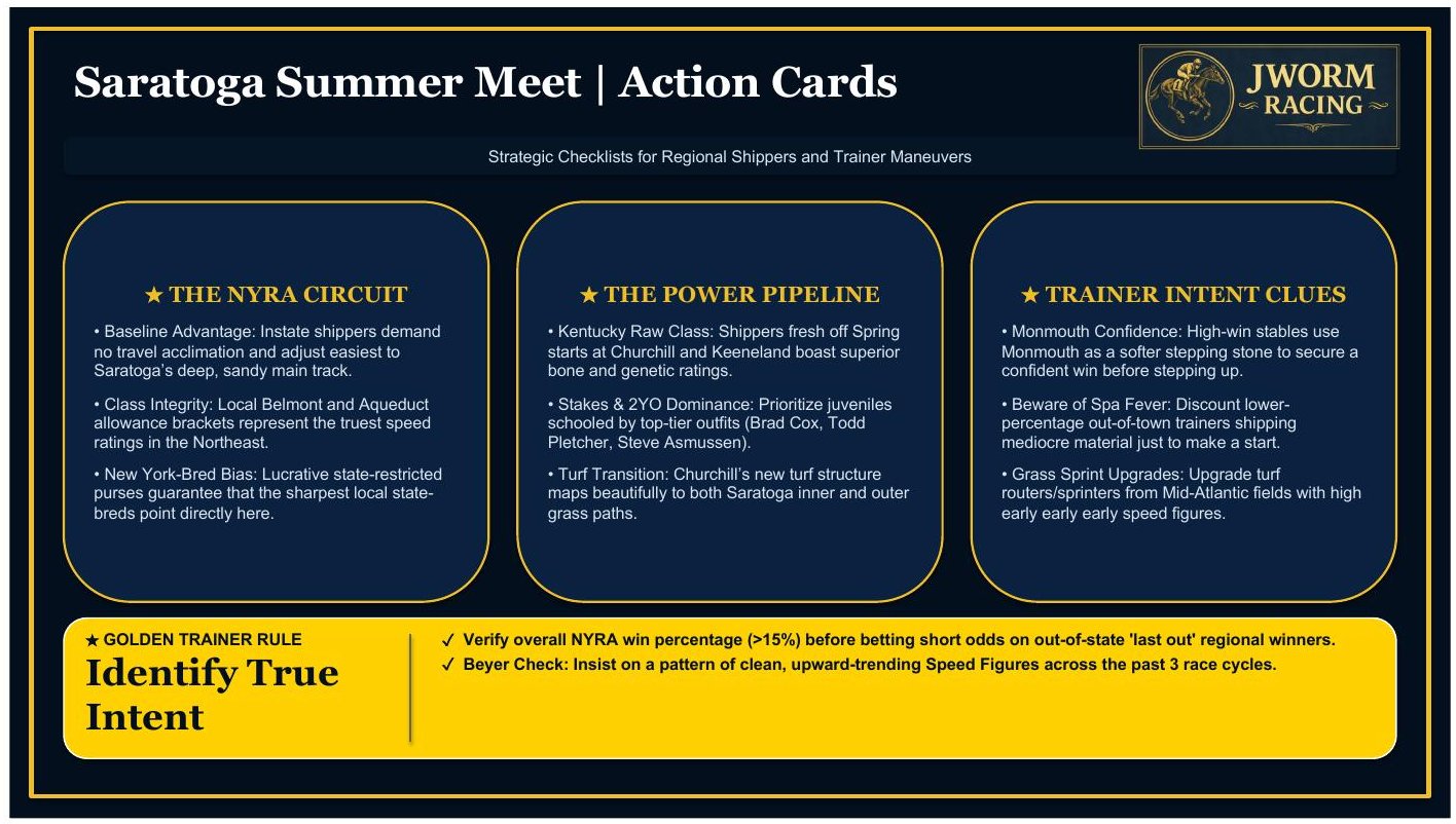 Saratoga action cards: NYRA circuit baseline, the Kentucky power pipeline, trainer intent clues, and the golden trainer rule — identify true intent.